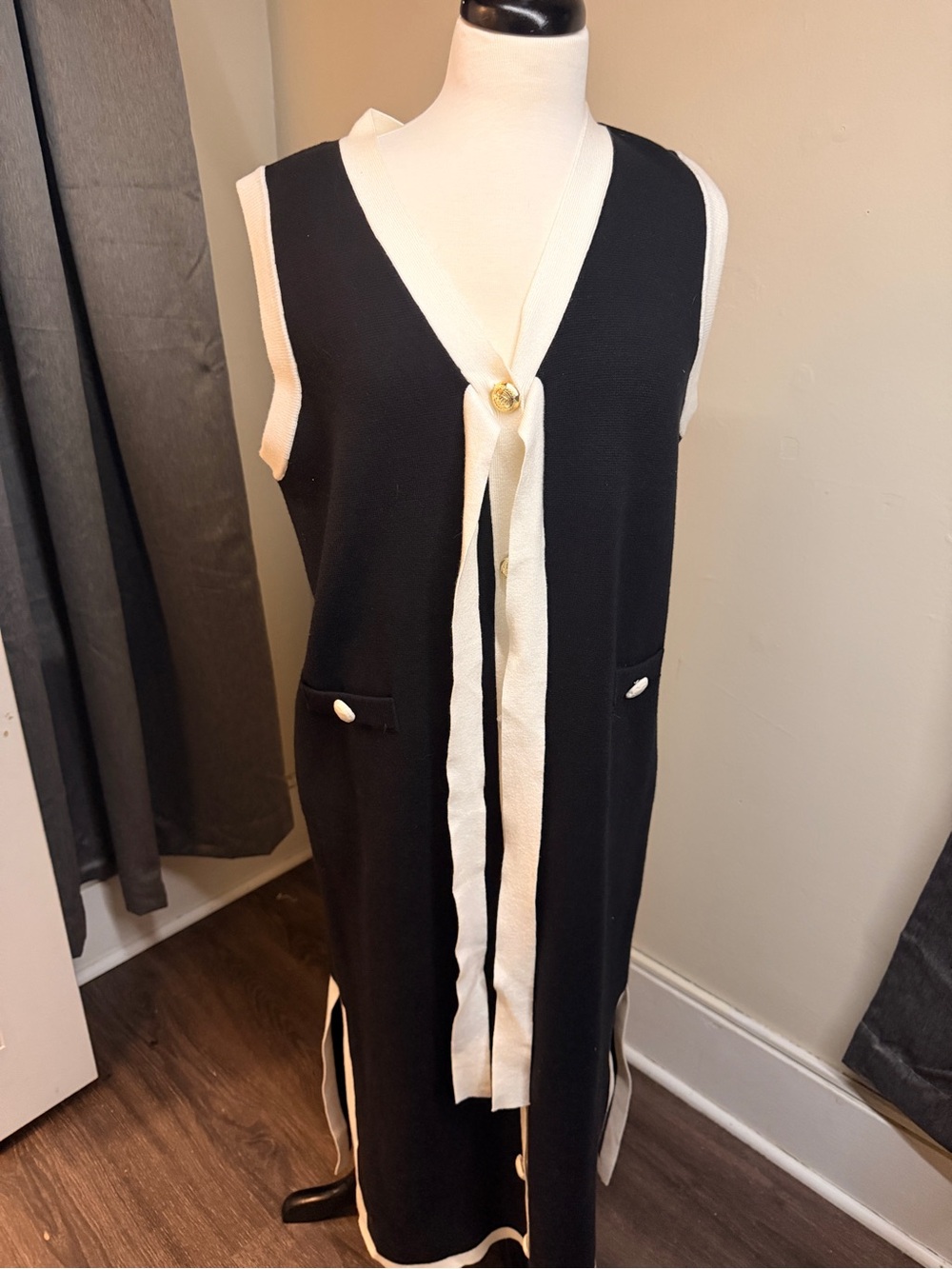 English Factory Black Dress with Cream Trim and Button Detail